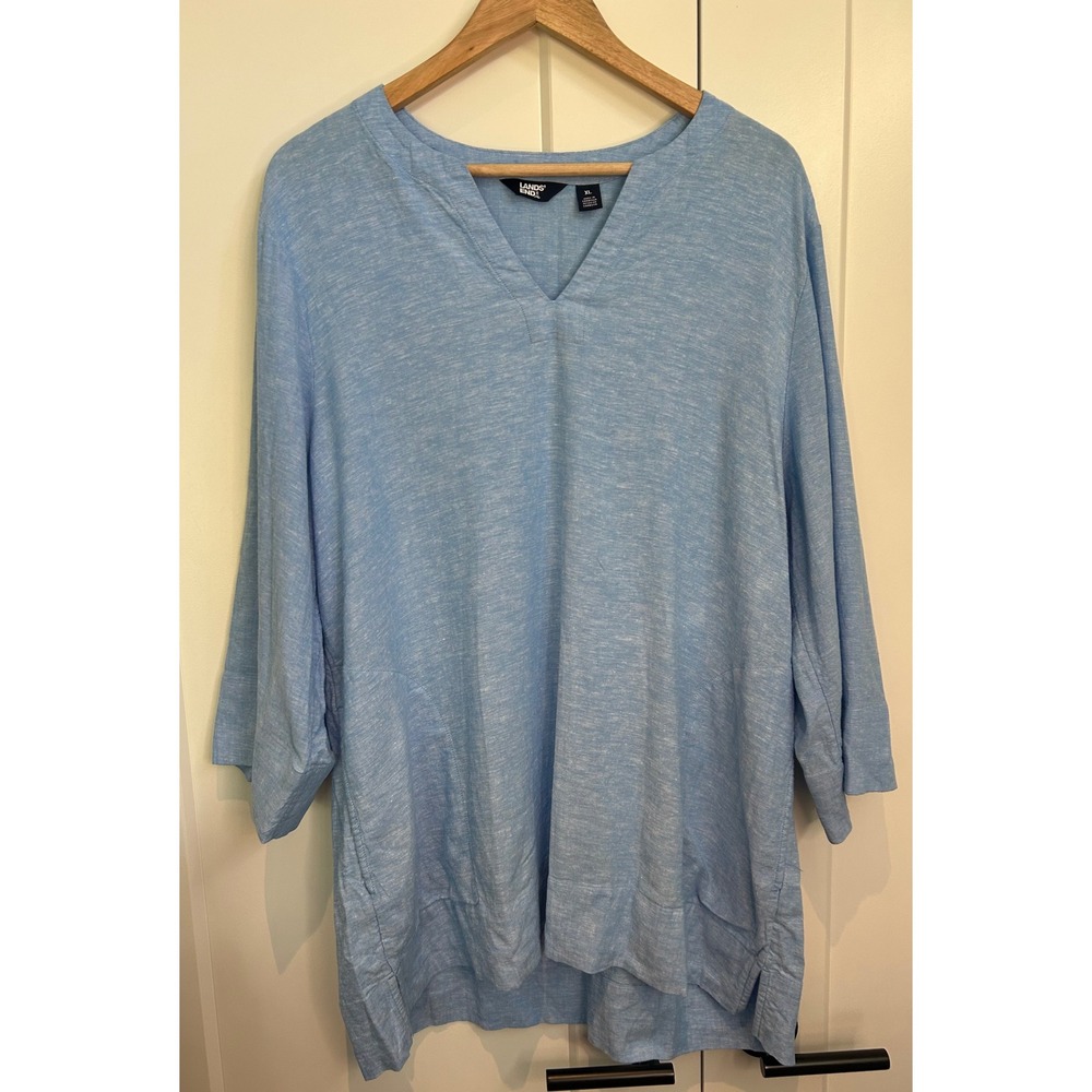 Lands End Womens XL Linen Blend Tunic Pockets 3/4 Sleeve Top Lagen Look Boho